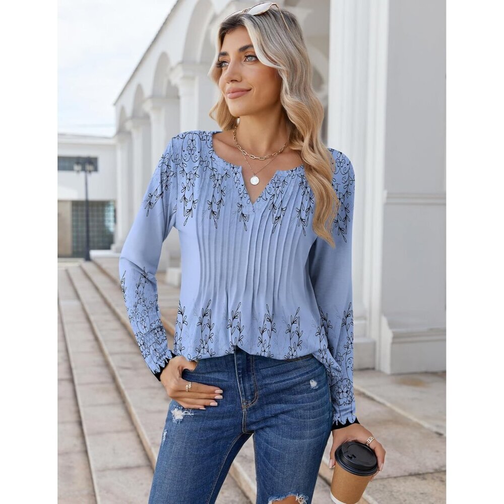 Womens Long Sleeve V Neck Blouse Floral Basic Casual Fall Shirt - Picture 4 of 6